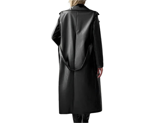 Women's Real Leather Black Long Overcoat