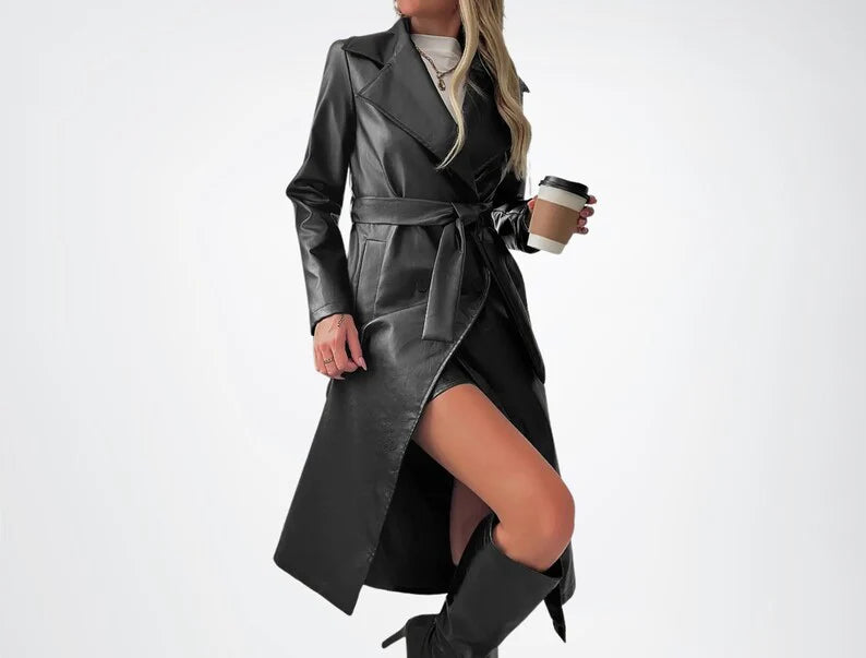 Women's Real Leather Black Long Overcoat