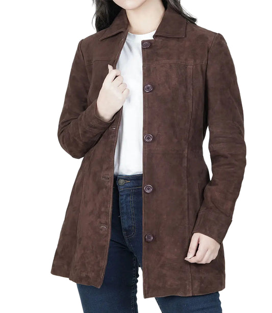 Womens Dark Brown Suede Button Down Coat