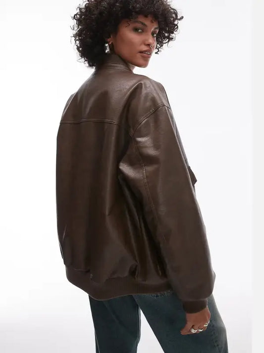Womens Leather Oversized Bomber Jacket