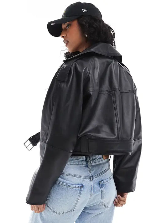 Womens Overszied Cropped Leather Jacket