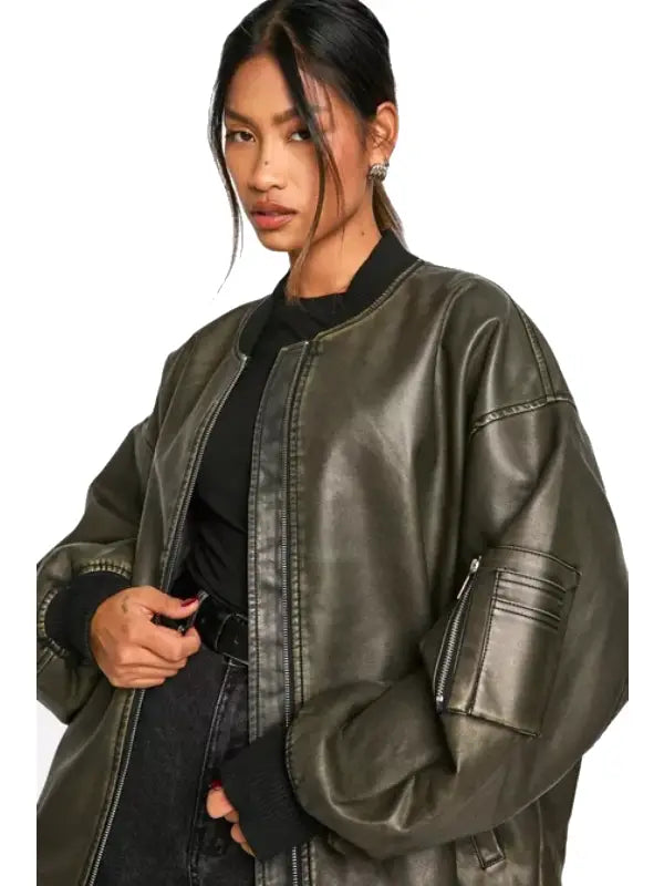 Womens Vintage Oversized Bomber Leather Jacket