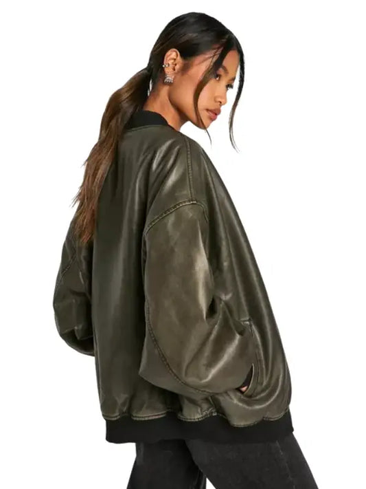 Womens Vintage Oversized Bomber Leather Jacket