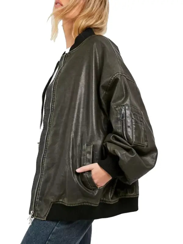 Womens Vintage Oversized Bomber Leather Jacket