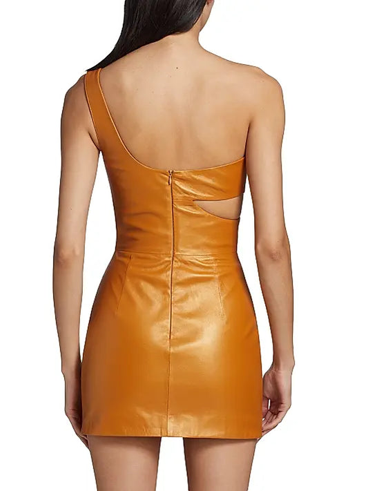 One-Shoulder Coated Leather Minidress
