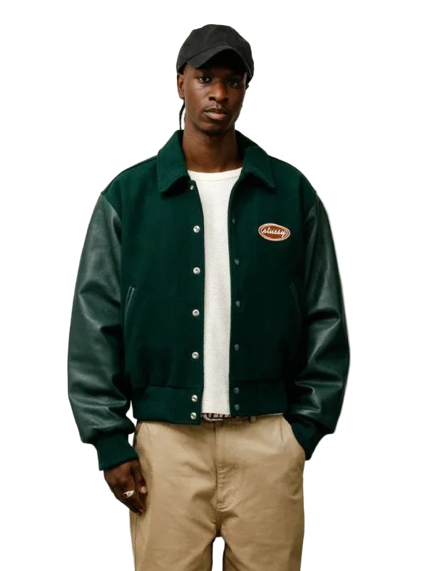 stussy green varsity jacket