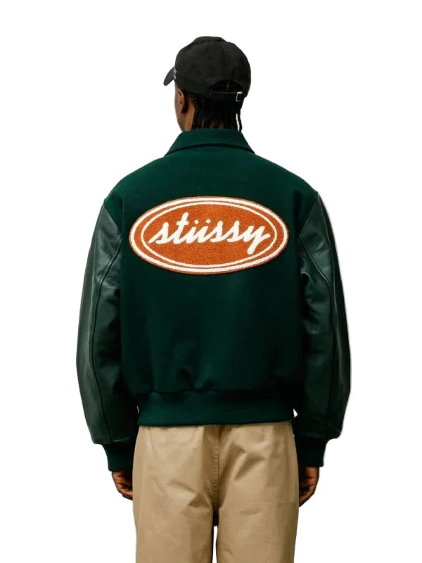 stussy green varsity jacket