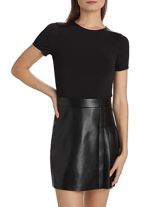 Chara Black Leather Pleated Minidress