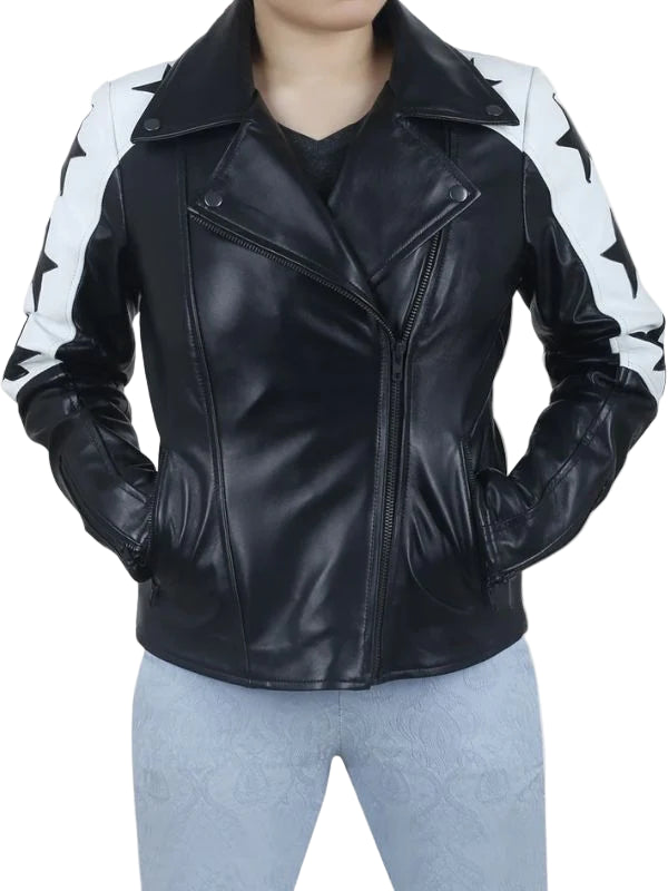 Black Motorcycle Leather Jacket with Star Patches