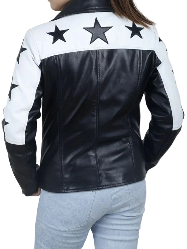 Black Motorcycle Leather Jacket with Star Patches