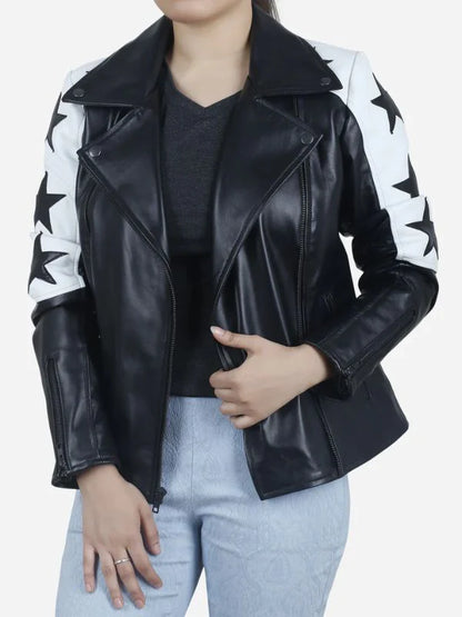 Black Motorcycle Leather Jacket with Star Patches