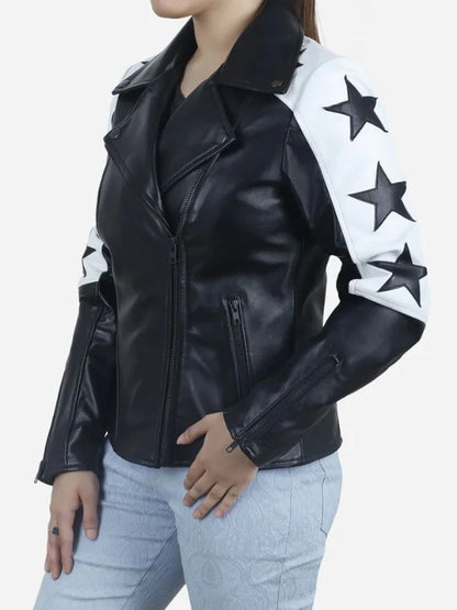 Black Motorcycle Leather Jacket with Star Patches