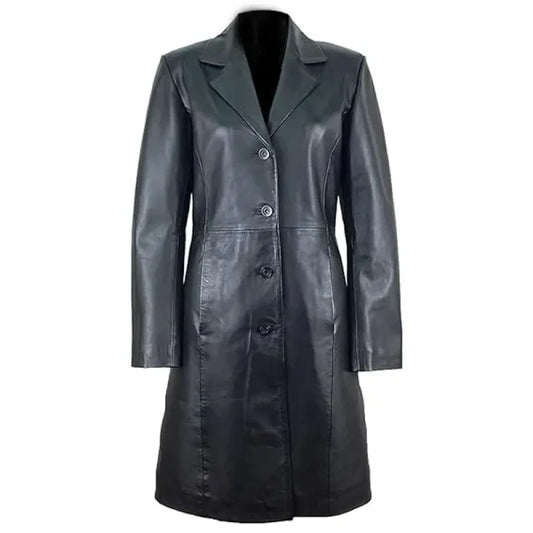 Black Single Breasted Leather Trench Coat