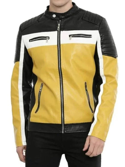 Black and Yellow Leather Motorcycle Jacket for Men