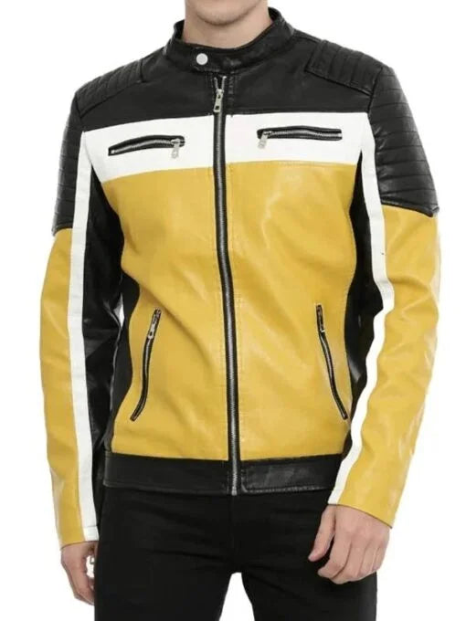 Black and Yellow Leather Motorcycle Jacket for Men