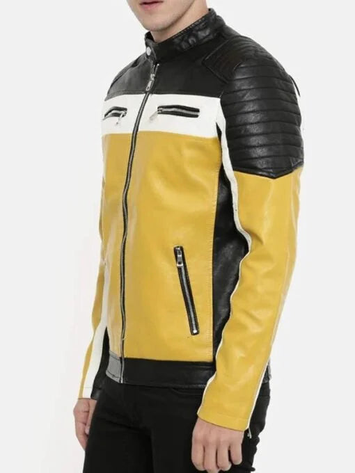 Black and Yellow Leather Motorcycle Jacket for Men