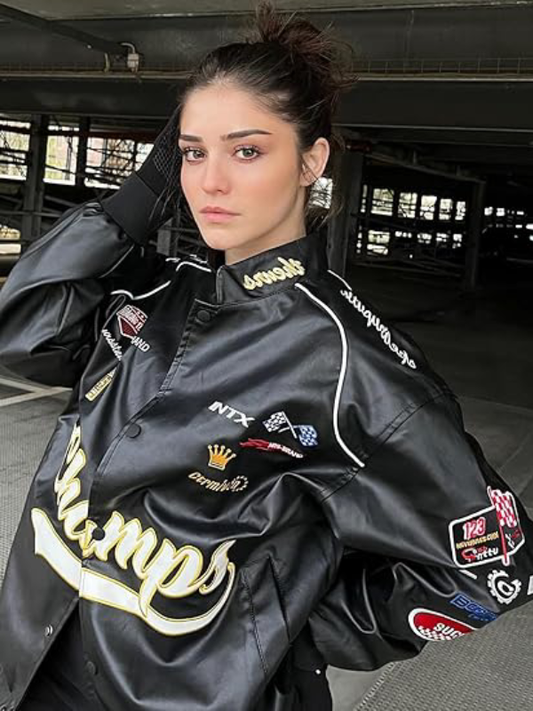 Champs Black Racing Style Leather Jacket