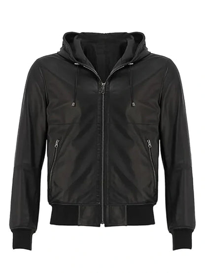 Classic Black Hooded Bomber Leather Jacket