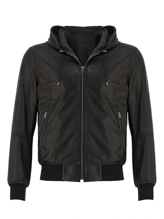 Classic Black Hooded Bomber Leather Jacket