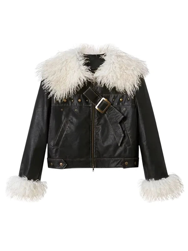DIDDI MODA Black Leather Jacket With Fur Lapel