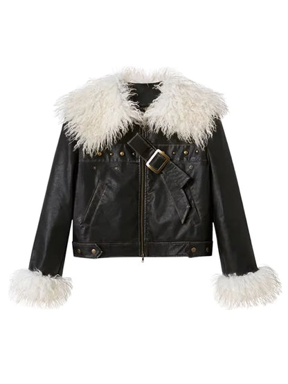 DIDDI MODA Black Leather Jacket With Fur Lapel