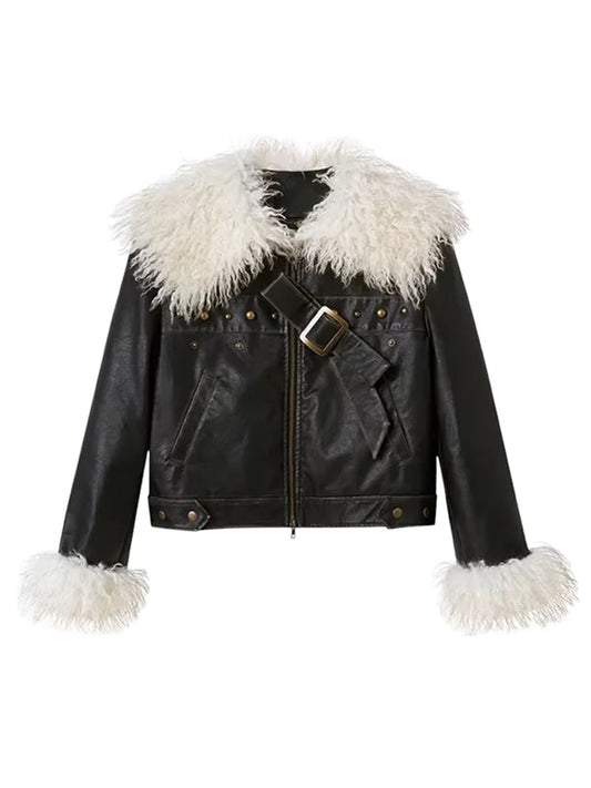 DIDDI MODA Black Leather Jacket With Fur Lapel