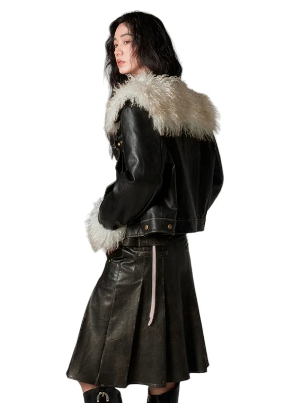 DIDDI MODA Black Leather Jacket With Fur Lapel