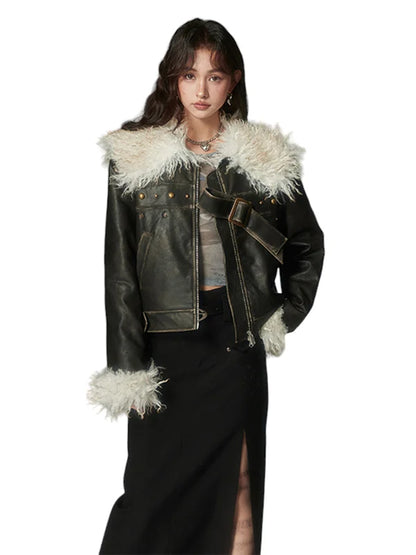 DIDDI MODA Black Leather Jacket With Fur Lapel