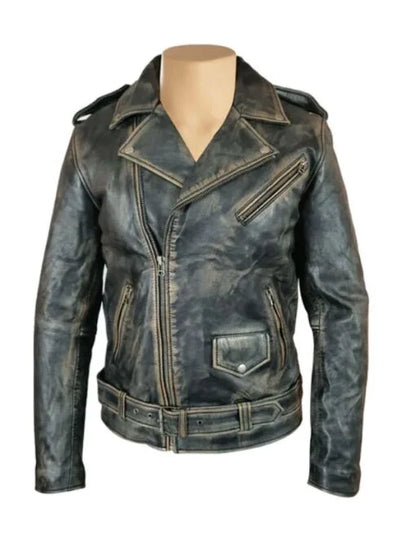 Distressed Biker Style Jacket With Belt