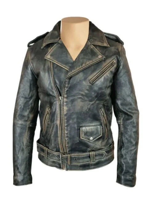 Distressed Biker Style Jacket With Belt