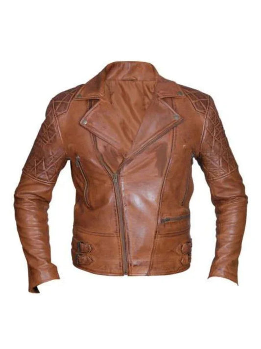 Distressed Sandwash Biker Brown Leather Jacket