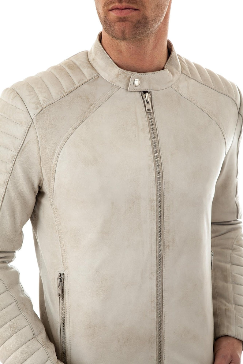 Fiamma Vintage White Leather Biker Jacket