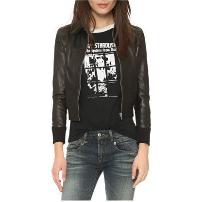Halle Shirt Collar Brown Bomber Leather Jacket