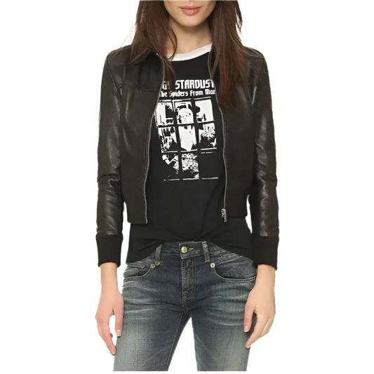 Halle Shirt Collar Brown Bomber Leather Jacket
