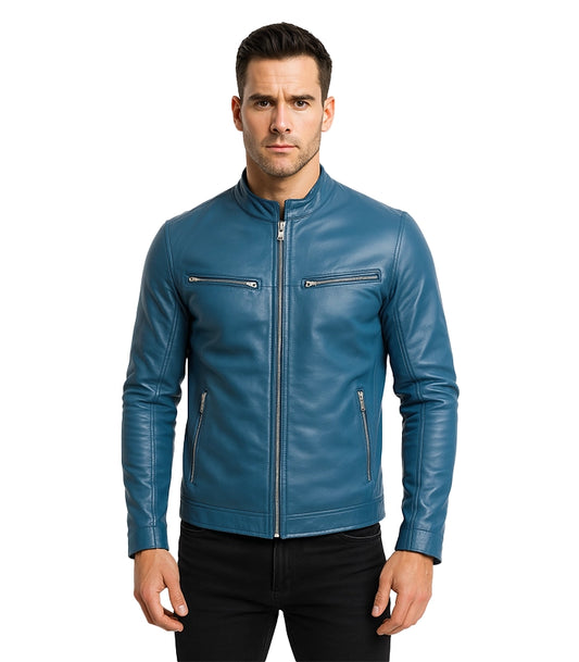 Ionic Blue Leather Biker Jacket