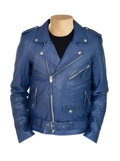Kain Blue Classic Biker Style Leather Jacket With Belt