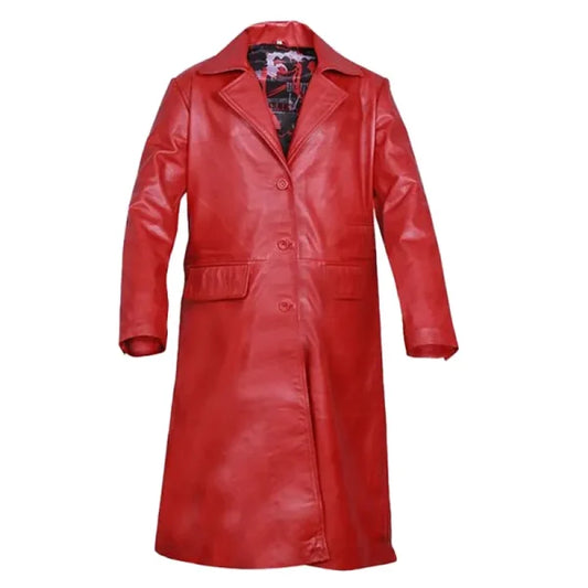 MJ Women's Red Leather Trench Coat