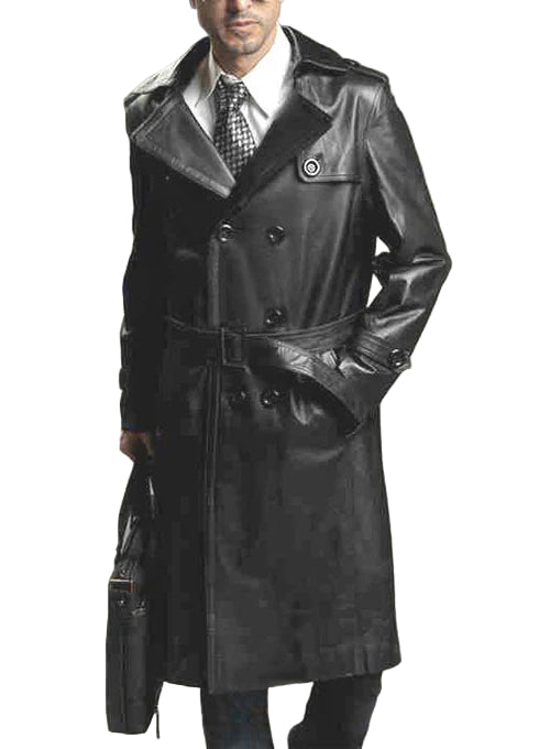 Men's Black Leather Long Trench Coat