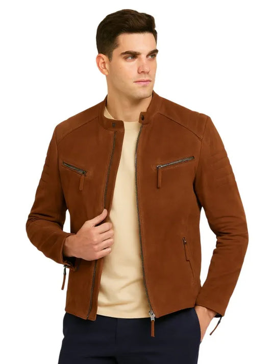 Mens Express Brown Suede Biker Leather Jacket