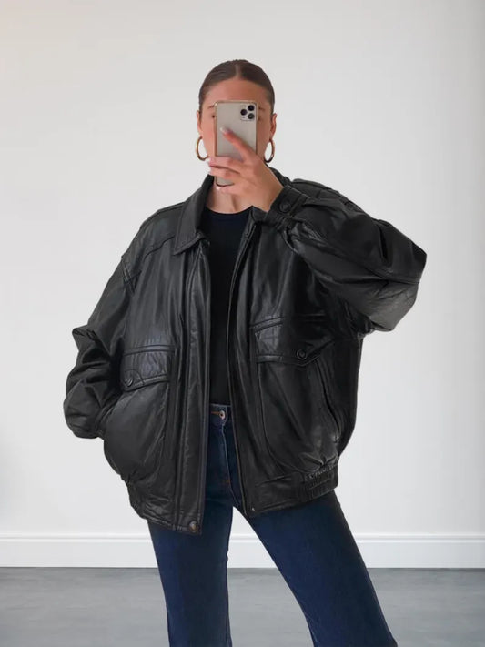 Oversized Black Bomber Leather Jacket