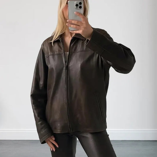 Oversized Straight Brown Leather Jacket