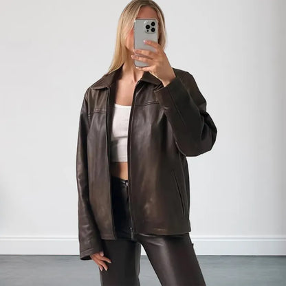 Oversized Straight Brown Leather Jacket