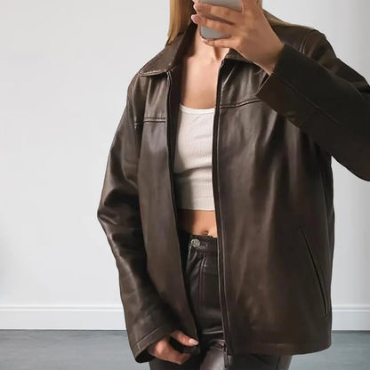 Oversized Straight Brown Leather Jacket