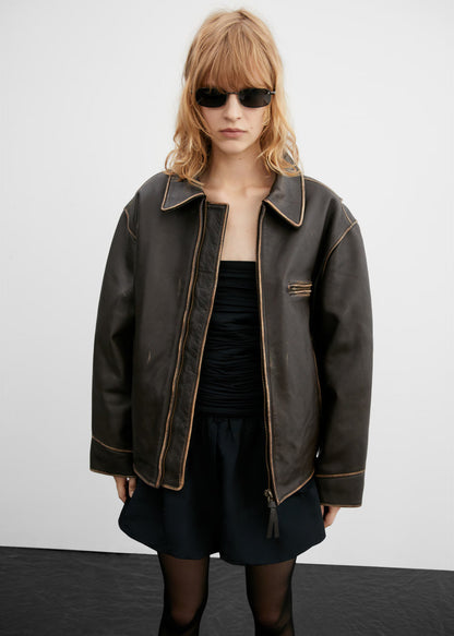 Oversized Worn-Effect Leather Jacket