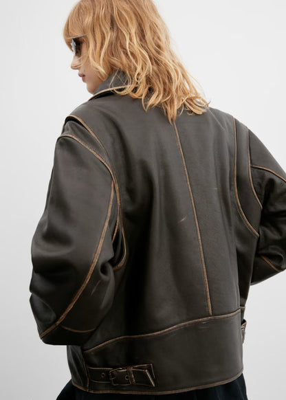 Oversized Worn-Effect Leather Jacket