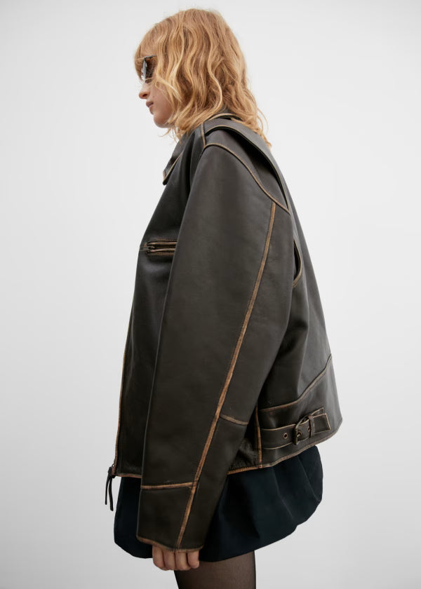 Oversized Worn-Effect Leather Jacket