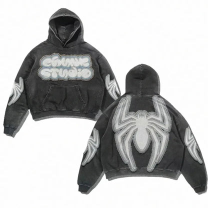 Pullover Vintage Spider Print Hoodie