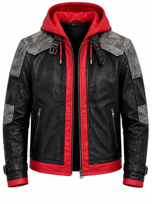 Red Hooded Leather Jacket