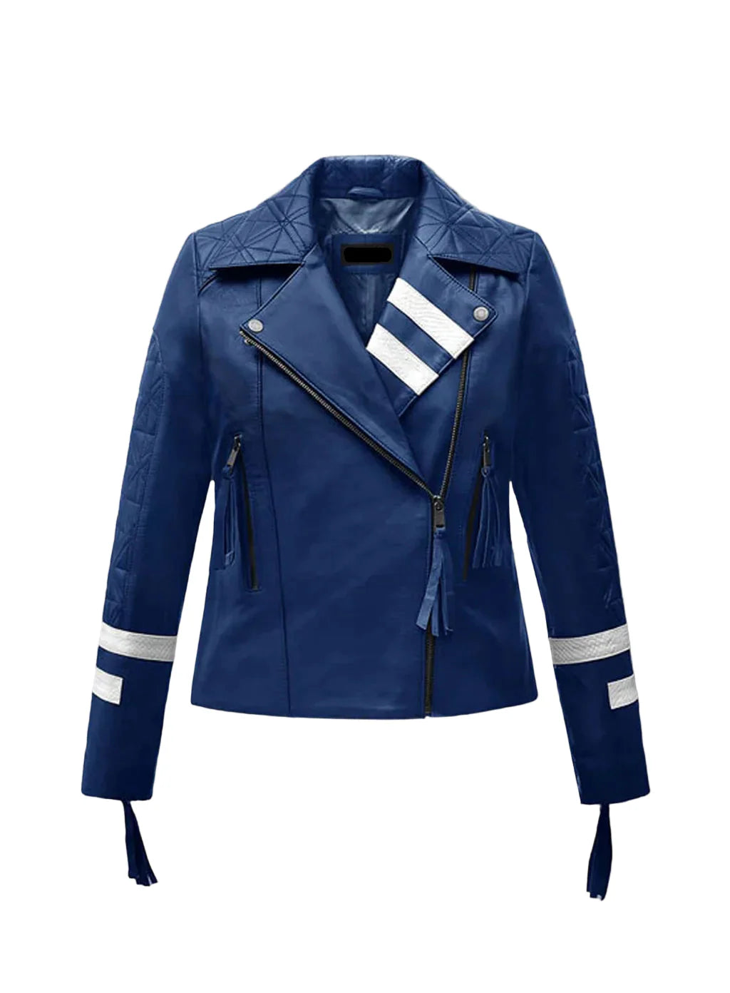 Stylish Blue Leather Biker Jacket with White Stripes