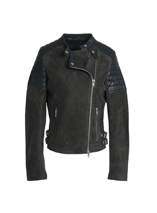 Stylish Grey and Blue Contrast Women's Biker Leather Jacket
